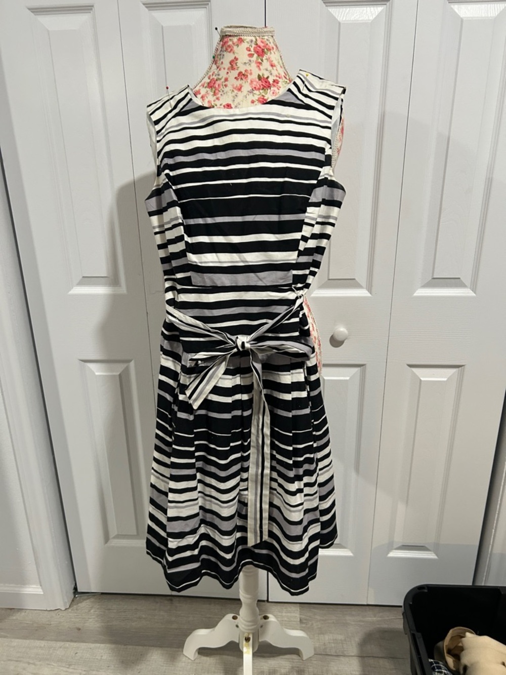 Robbie Bee Black and White Striped Tie-Waist Midi Dress